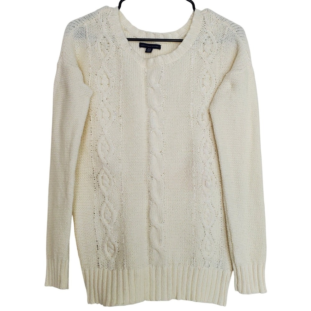 American Eagle Wool Blend Fisherman‎ Cream Cable Knit Sweater Beaded M